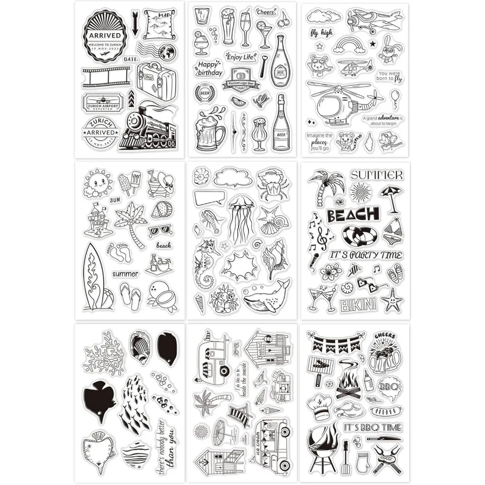 9 Sheets Mixed Theme Silicone Clear Stamps Seal for Card Making Decor and DIY Scrapbooking Train Wine Bottle Helicopter Travel