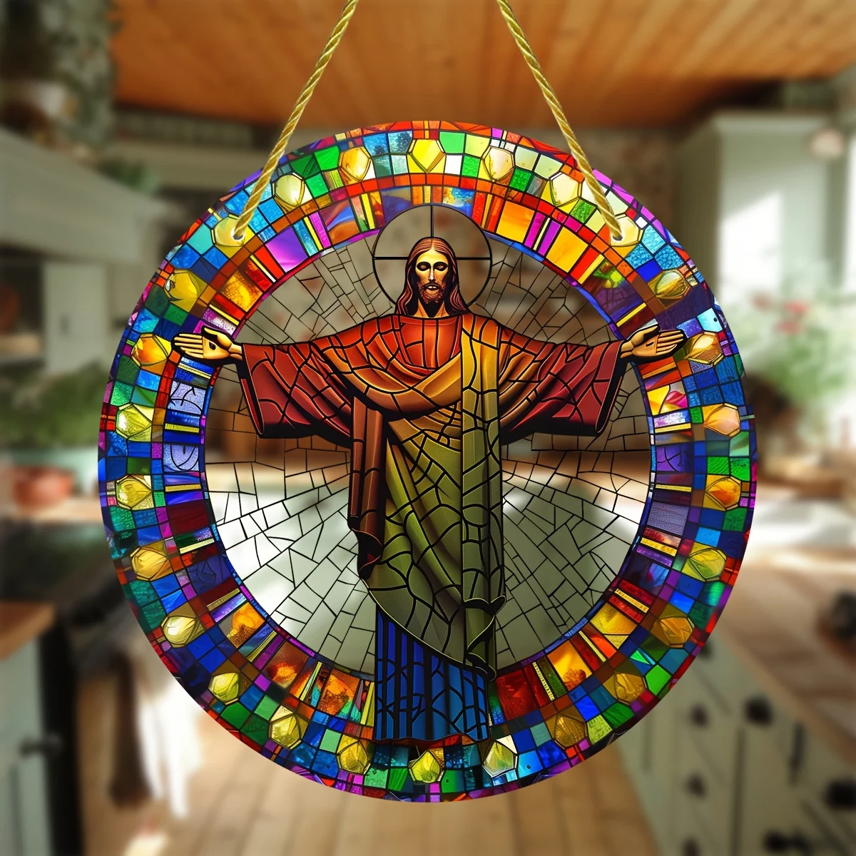 1-Pack Rio de Janeiro Inspired Religious Suncatcher,Round Acrylic Christ the Redeemer Hanging Window Decoration,Porch,Garden