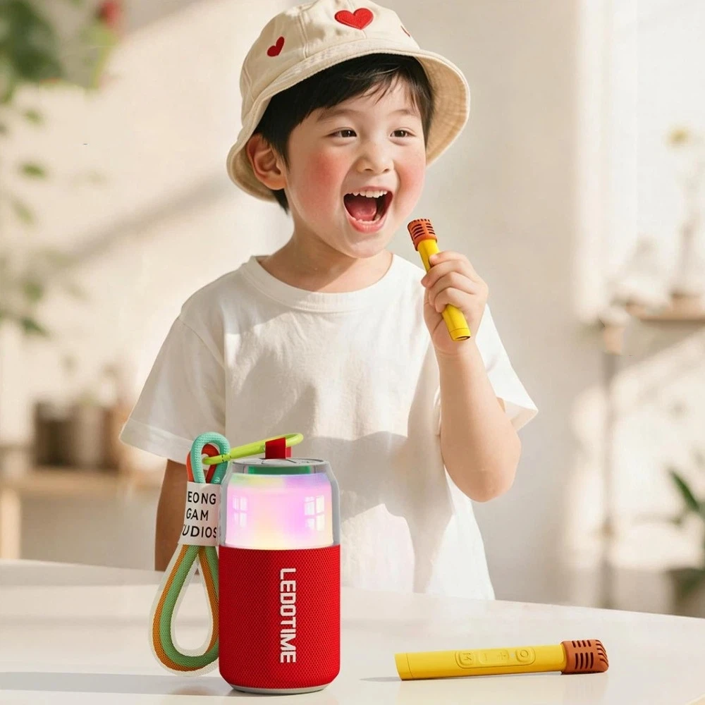 All-in-one Microphone Speaker with Sound Card Wireless Bluetooth Speaker Fry-shaped RGB Lights Karaoke Machine Birthday Gifts