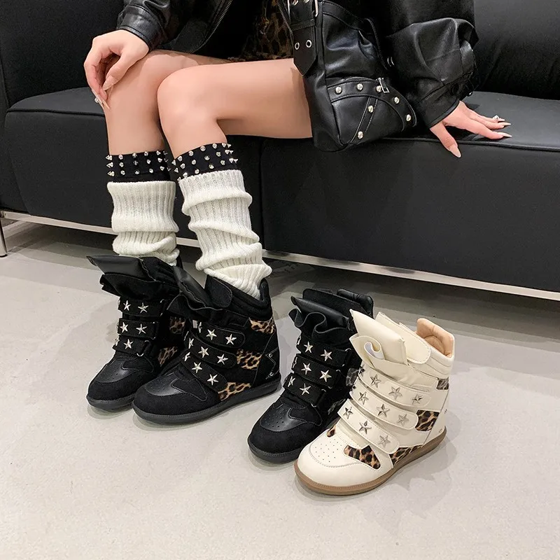 Women's Shoes Leopard Print Patchwork Star Studded Hidden Wedge High Top Boots for Women Three Velcro Strap Casual Sneakers New