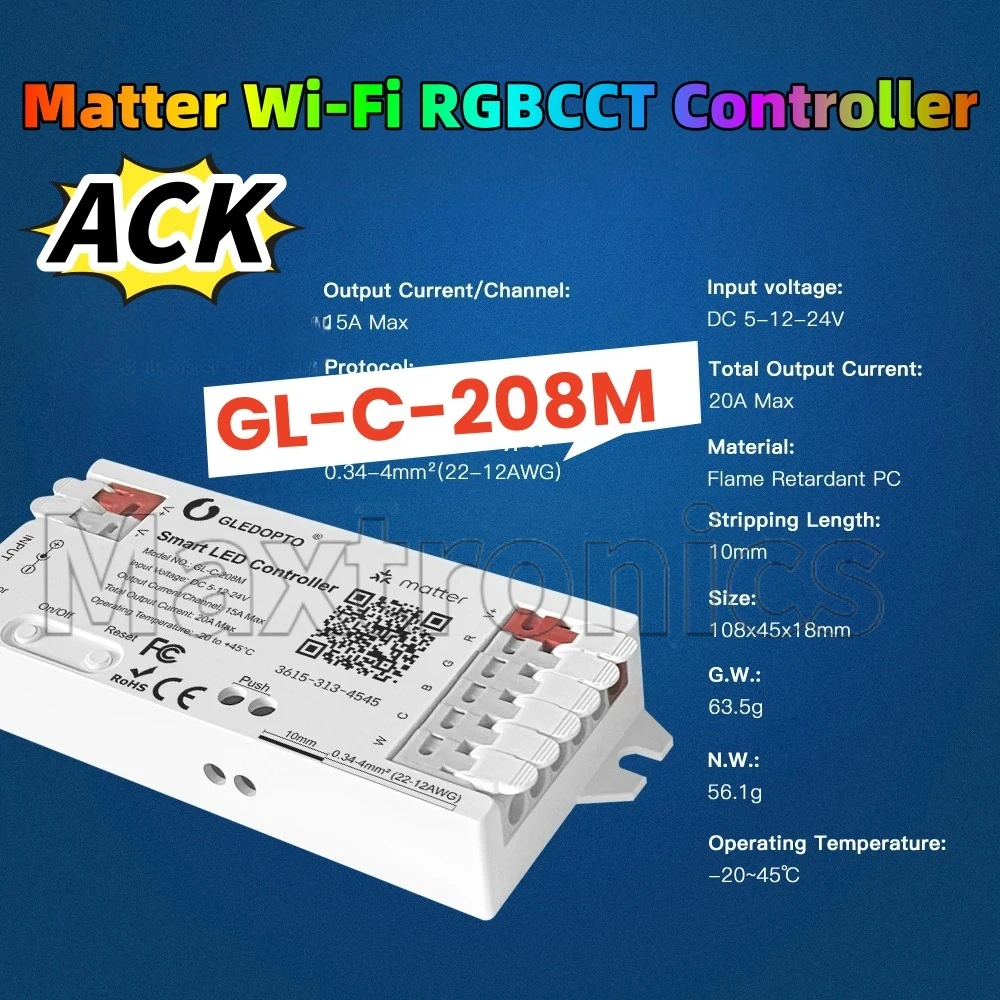 2026 ACK GLEDOPTO Matter 2.4GHz Wi-Fi Controller GL-C-208M  Alexa APP Voice Control 20A Max for Dimmer White RGB CCT LED Strip
