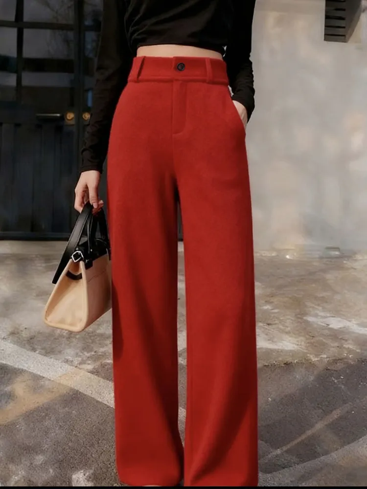 High Waist Fce Lined Wide Leg Pants Women's Korean Sle Spring 2026 New Red Thiened Drape Design Casual Straight Leg Tr...