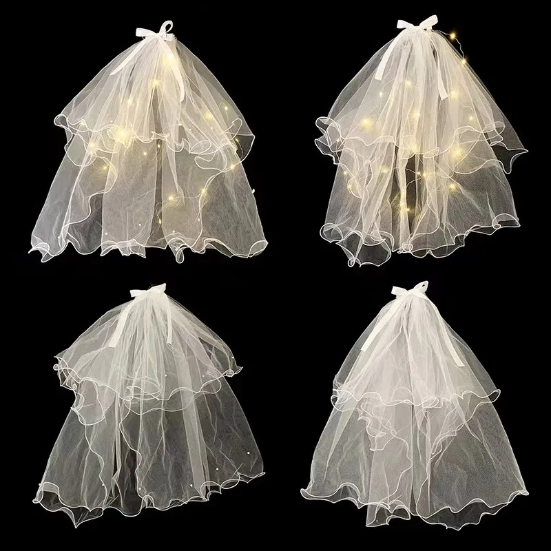 Light Up Veil with Double Layer Bow Pearl Hair Accessory for Photoshoot Night Market Party Favor Kindergarten Graduation