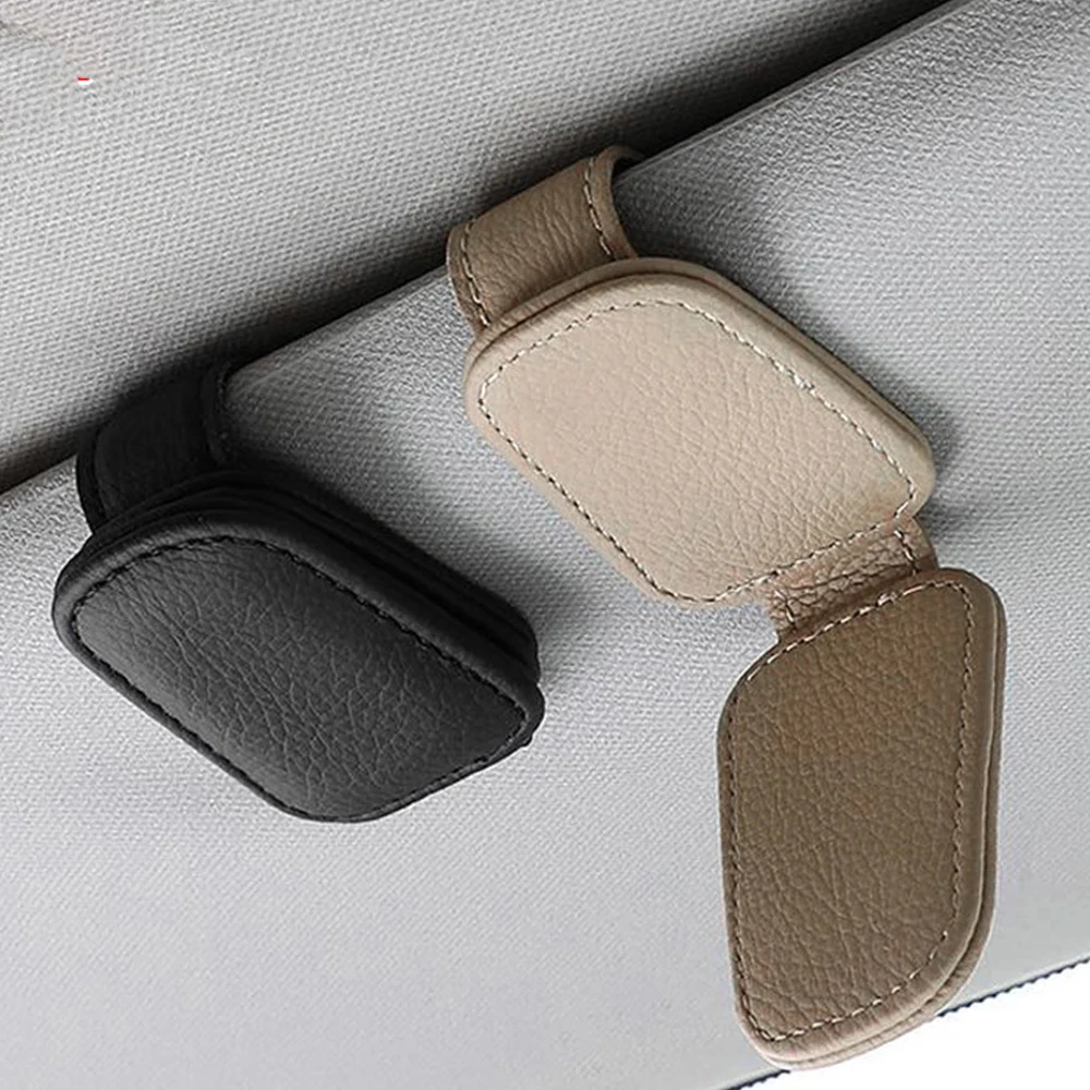 Car Sun Visor Sunglasses Clip Magnetic Cowhide Glasses Case Holder Ticket Card Holder Auto Interior Decorate Storage Accessories