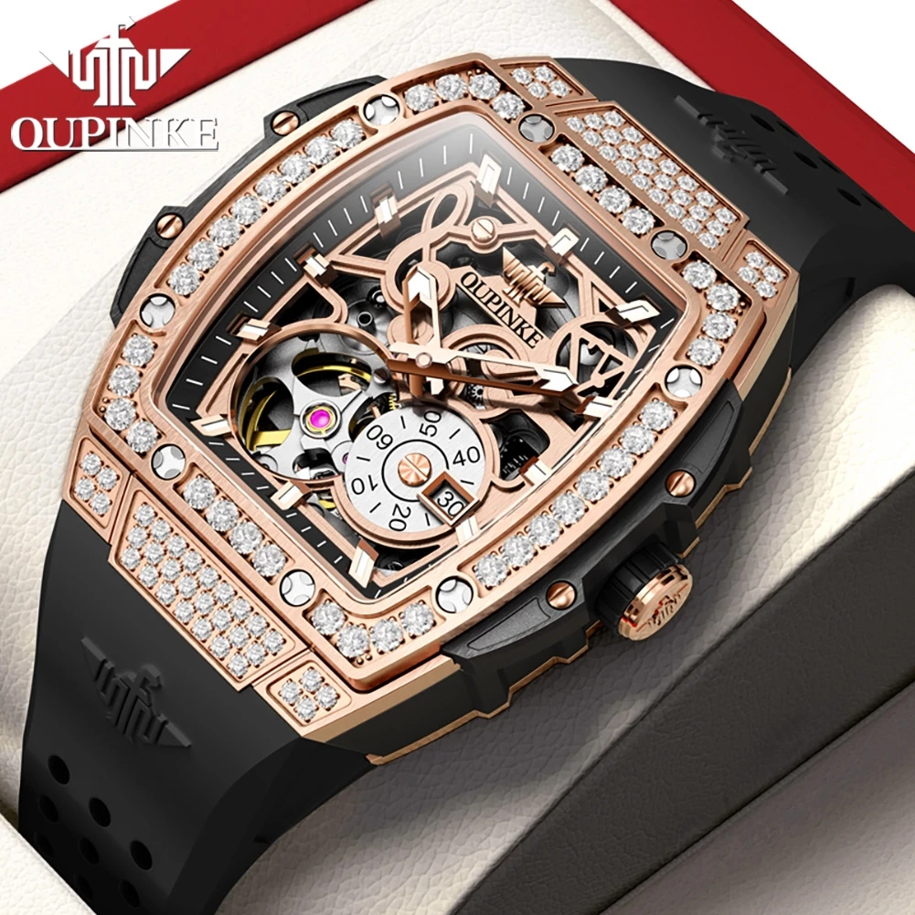 

OUPINKE Full Diamond Elegant Luxury Women's Watch Original Automatic Mechanical Watch Women's Black Silicone Strap Waterproof