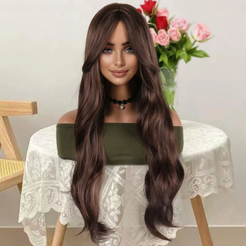

Fashionable Wavy Long Curly Hair Wig Dark Brown Headpiece New Fashionable Long Curly Hair Middle Part Full Head Wig