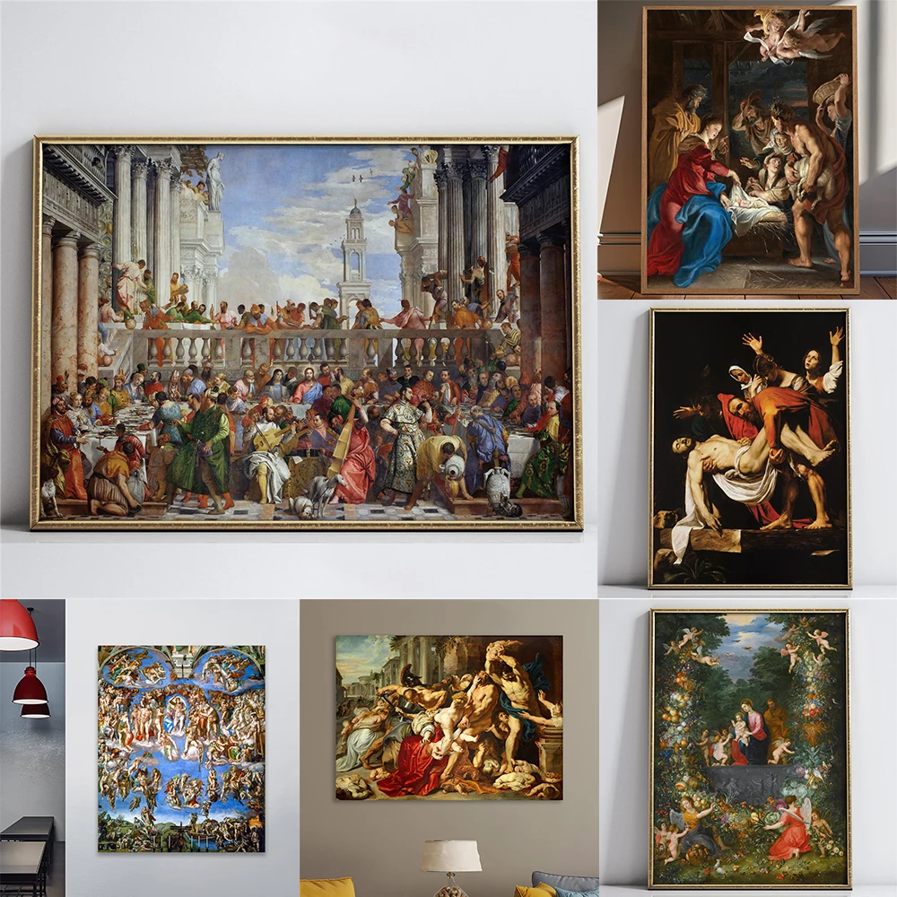 Cuadro Decorativo de Pared con la Escena de la Boda en Cana, Impresión Cristiana Antigua, Póster de la Primera Hazaña de Jesús, Pintura al Óleo, Decoración Estética para el Hogar
