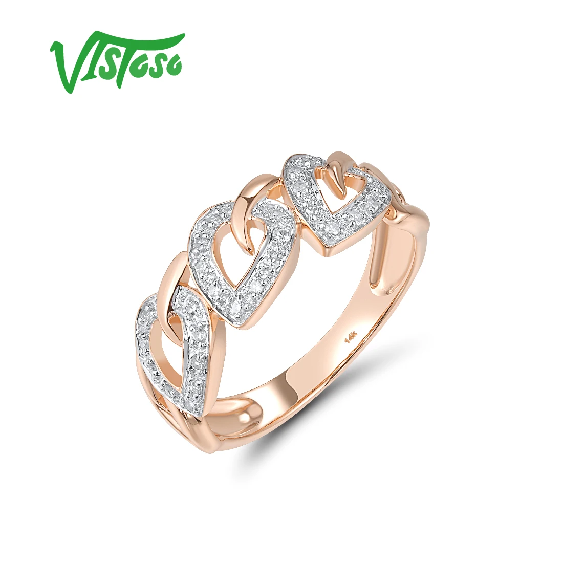 

VISTOSO Genuine 14K 585 Rose Gold Ring For Women Sparkling Diamond Sweet Heart Delicate Wedding Anniversary Gifts Fine Jewelry