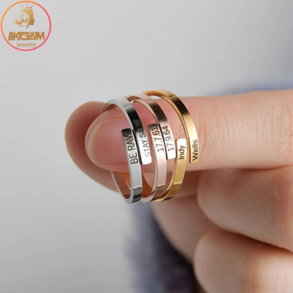 Akizoom Custom Engrave Name Punk Rings Stainless Steel Personalized Date Couple Rings for Women Men Wedding Engagement Gift