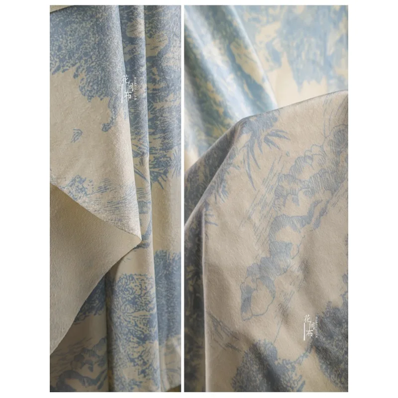 Blue Suede Landscape Painting Polyester Fabric with Chinese Style Art Retro Cotton and Linen Clothing Designer Jacket and Skirt