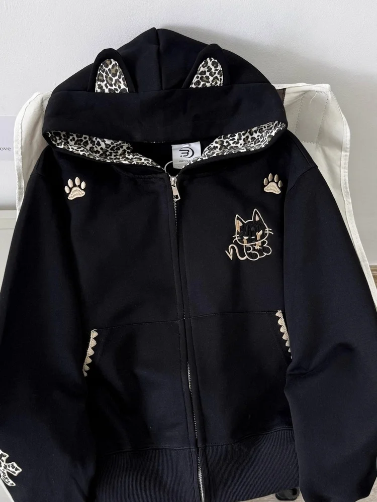 Übergroßer Amerikanischer Retro-Reißverschluss-Pullover Mantel Damen Herbst Winter Leopardenmuster Loser Kapuzenpullover Strickjacke Modisch Bequem...