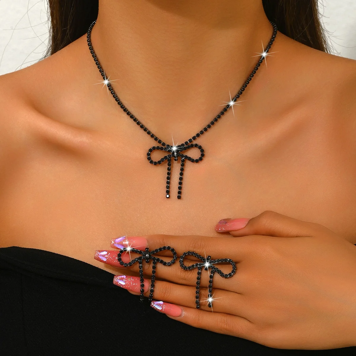 

2025 New Simple Colorful Elegant Shiny Bow Earrings Necklace Set Jewelry Set Accessories Suitable For Bridal Wedding Party Gift