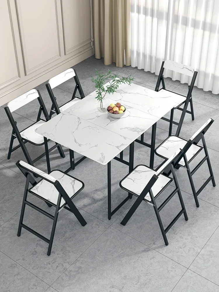 Household Foldable Dining Table Modern Space-saving Particle Board Dining Desk Chairs Living Room Family Table Home Furniture