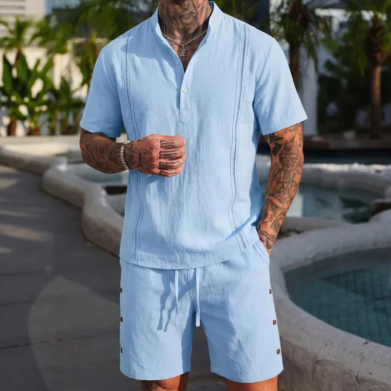 

Men's 2 Piece Linen Textured Short Set Henley Neck Shirt Drawstring Shorts Casual Beach Outfit with Decorative Stitching