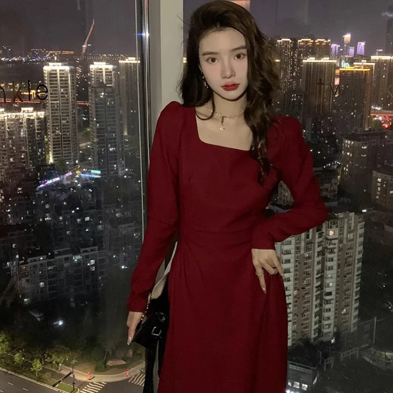 Women's Full Sleeve Long Dress, Red Party Shirt, Aesthetic Clothes, Autumn and Winter Fashion, Silm Fit, Square collar,Y2k