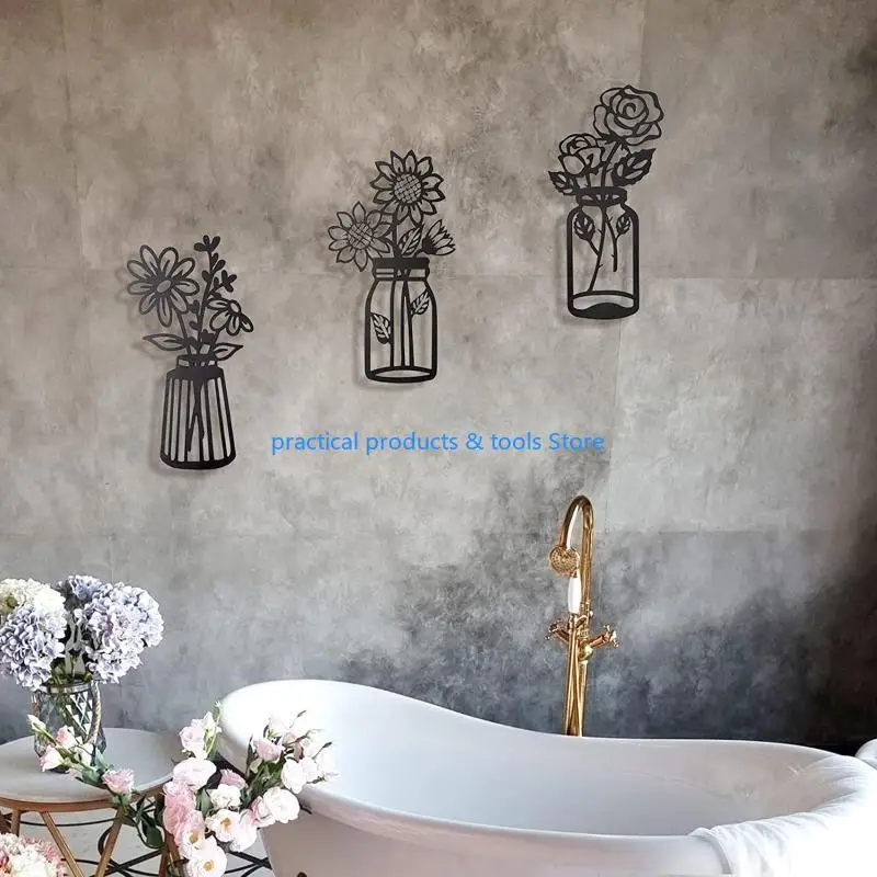 77JB 3 PCS Metal Flower Decor Decor Metal Wall Sulpture for Vaio Coalcony Black Metal Wall Decor