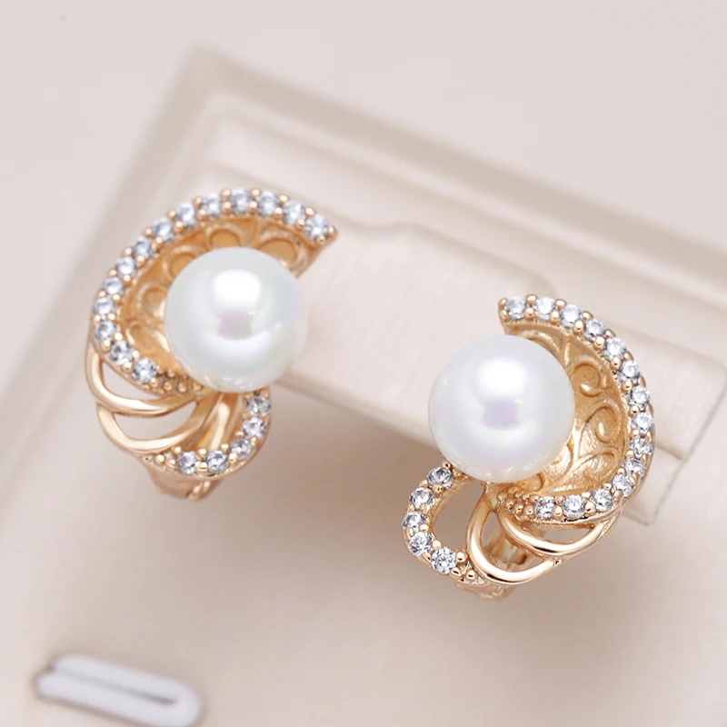 Kinel New Round Pearl Dangle Earrings for Women 585 Rose Gold Color Flower Ethnic Bride Earrings Lovely Fashion Daily Jewelry