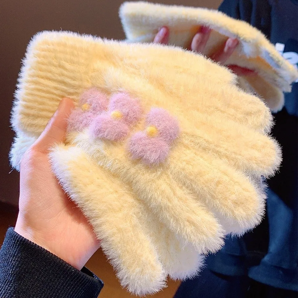 Fuzzy Bow Decorated Knitted Full Finger Gloves Polyester Lining Thick Winter Gloves Stretchy Cold Proof Warm Gloves For Women