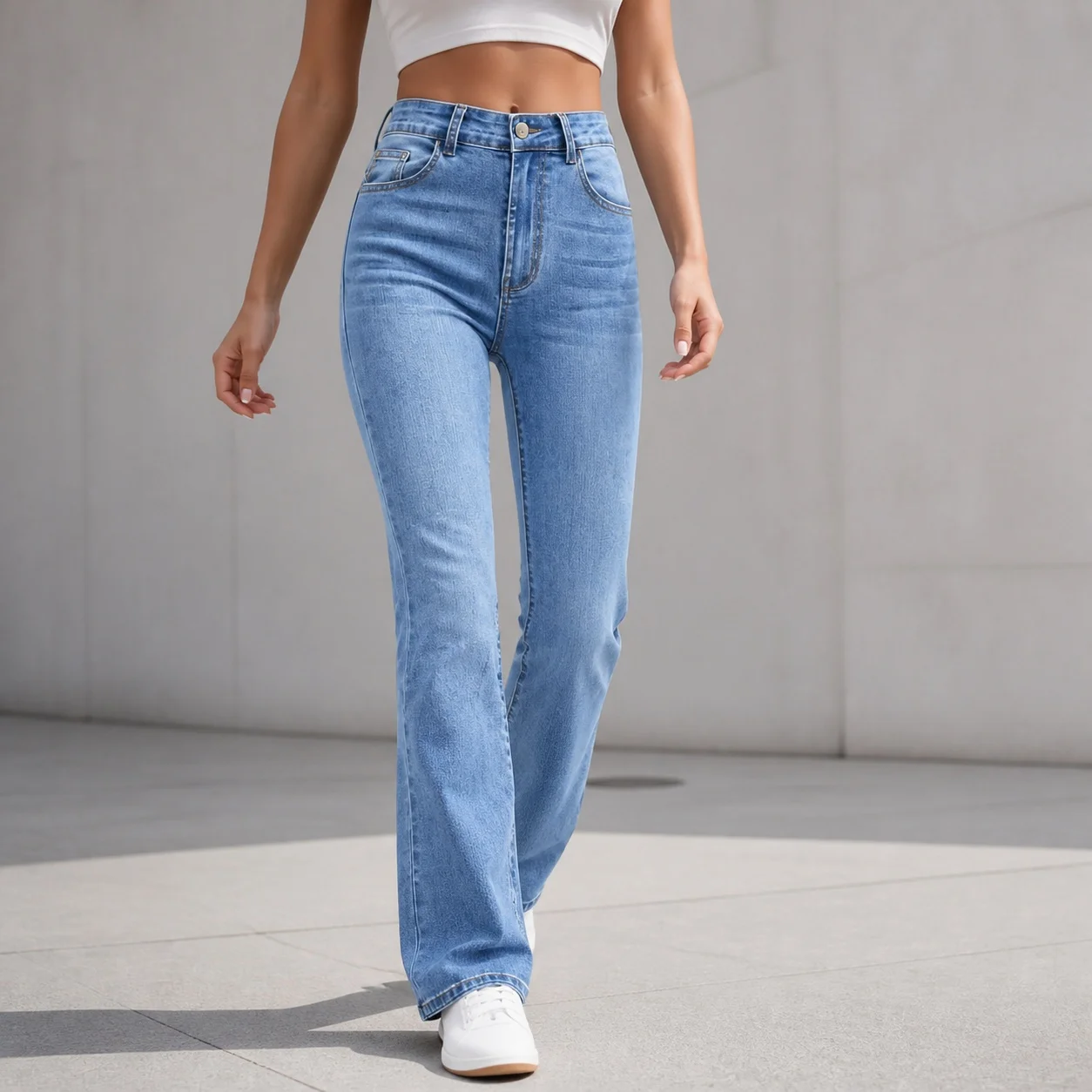 Women's Casual High Waist Straight Leg Full Length Cotton Non Iron Jeans with Button Fly Five Pocket Elegant Straight Fit Light