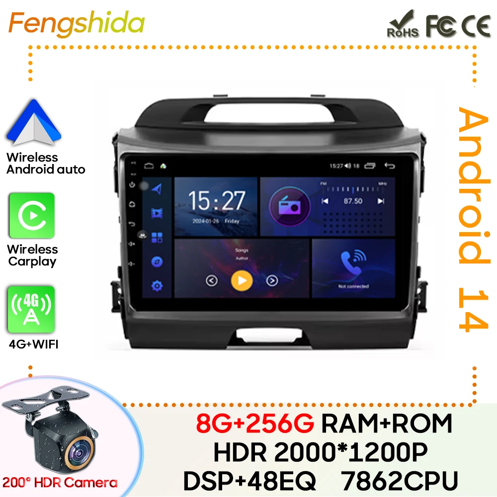 

For Kia Sportage 3 SL 2010 - 2016 Car Radio Android 13 Navigation GPS Android Auto Carplay Stereo 5G Wifi Video No 2din