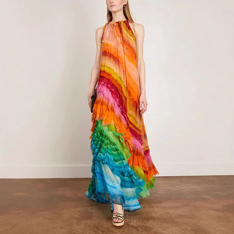 ผู้หญิงฤดูใบไม้ผลิฤดูร้อนใหม่ Halter คอสีพิมพ์ชุดชีฟองหลวมข้อเท้าความยาวชุด