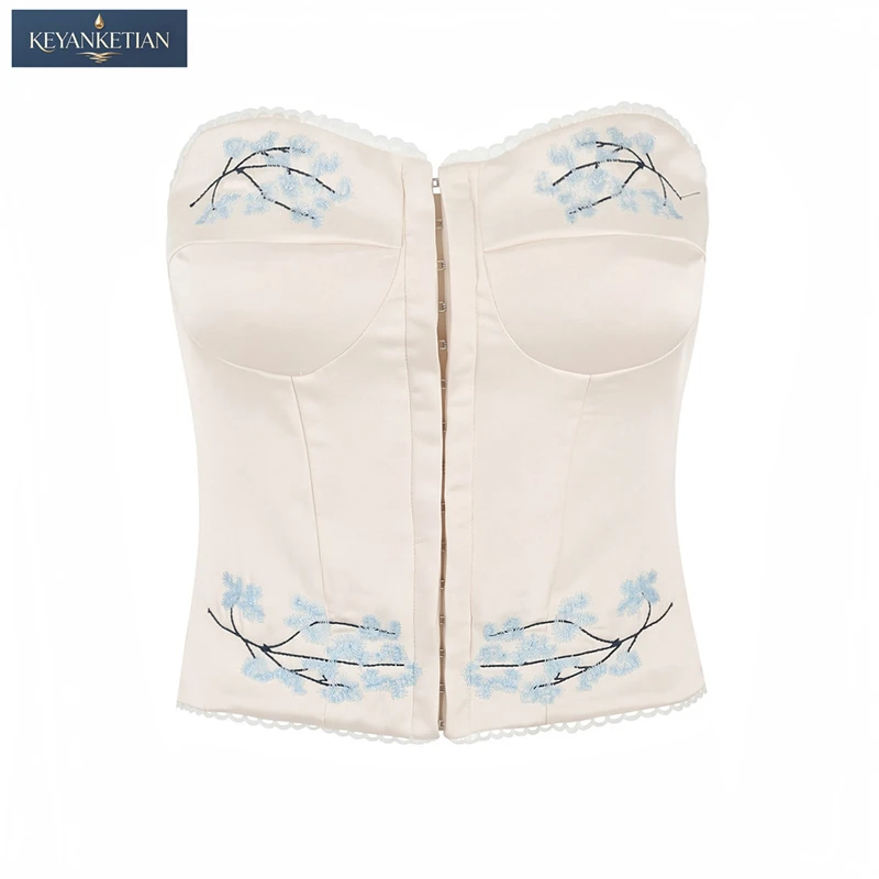 KEYANKETIAN 2026 Summer Versatile Coquette Corset Bustier Blue Floral Embroidery, Lace Trim & Front Hook Closure Vest Crop Top