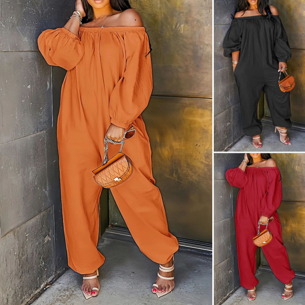 

2025 New Women's All-Season Jumpsuits Fashion Colorblock Long Sleeve Off-Shoulder Ankle Wide Leg for Stylish Comfort