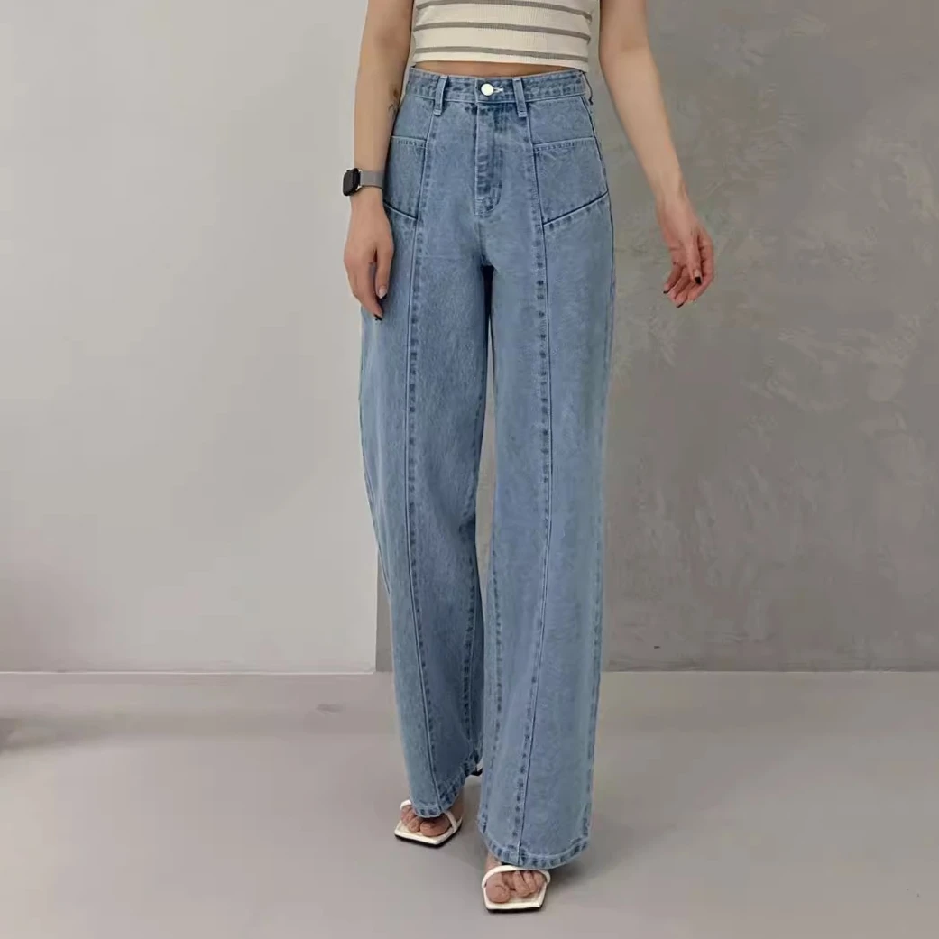 Vintage Blue High Waisted Wide Leg Jeans Women Printed Korean Fashion Streetwear Boyfriend Baggy Jeans Female Pocket Denim Pants