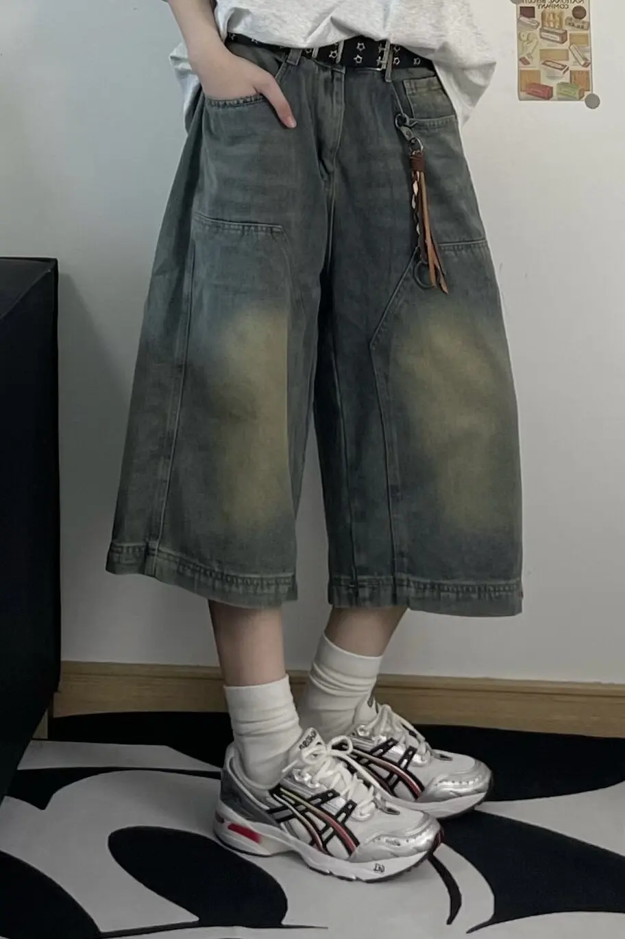 

American Vibe High Street Vintage Blue Summer Denim Shorts Washed Loose Wide Leg Seven-Foot Men's Pants Versatile Casual Jeans