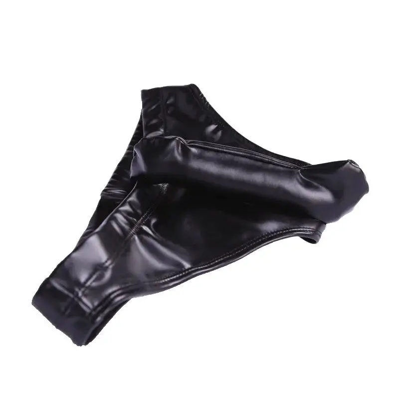 Men\'s Sexy Oil Glossy Latex Underwear PU Open Crotch JJ Set Pouch Briefs Low Waist House Home Gay Wear Night Appeal Undershorts