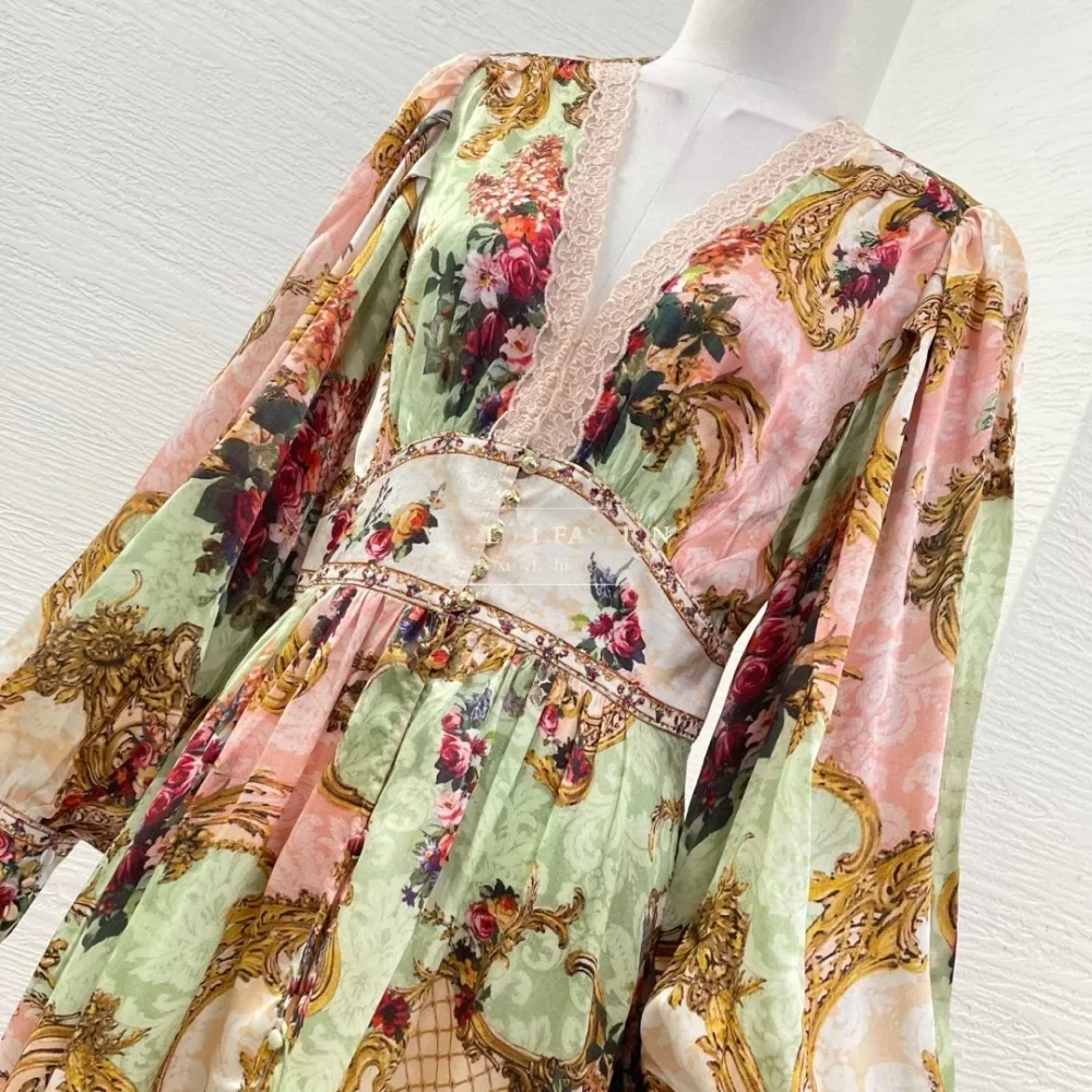 

Pink Green Floral Print Long Sleeve Lantern Sleeve Midi Dress 2025 Silk