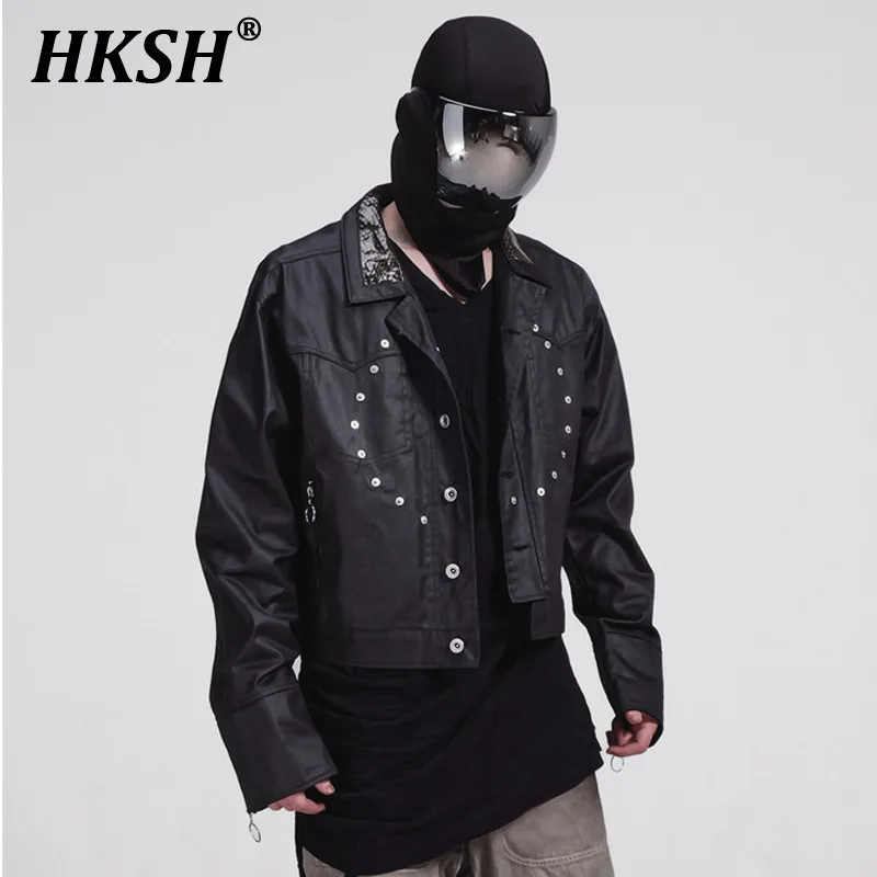 HKSH-Chaqueta de algodón con cuello de piel de serpiente para hombre, Chaqueta corta con remaches, silueta suelta, encerada cara, tendencia de otoño, nueva