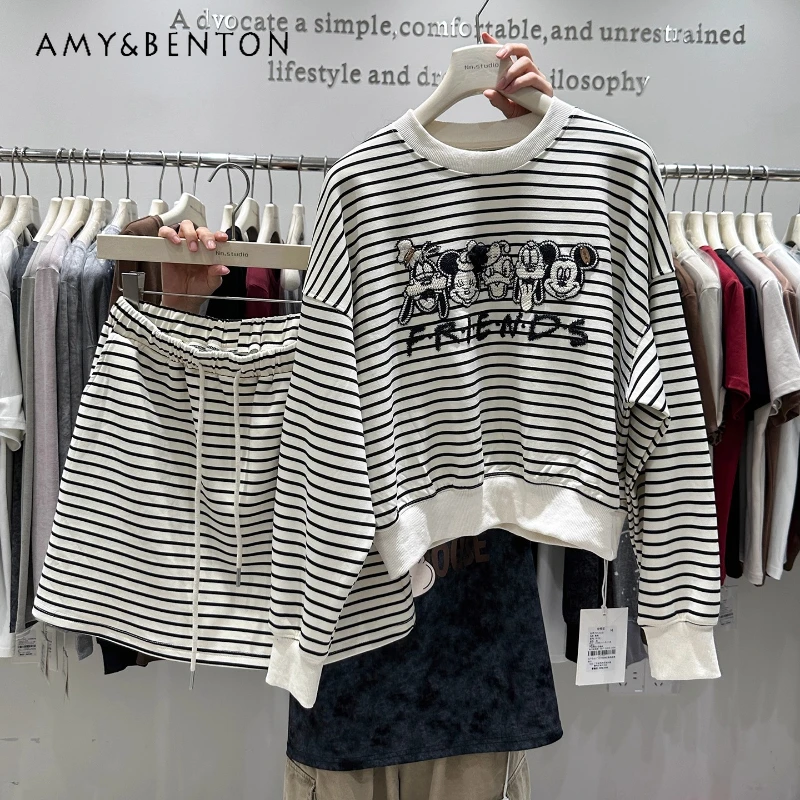 

2025 Autumn New Cartoon Striped O-Neck Long Sleeves Sweatshirt Women's Loose Casual Hoodies Coat Short Skirt Age-Reducing Set