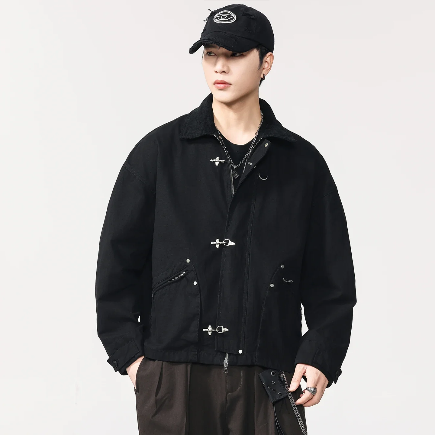 

Couple Spring Autumn Coat Outerwear Men Washed Cotton Metal Buckle Streetwear Vintage Loose Casual Short Bomber Cargo Jacket