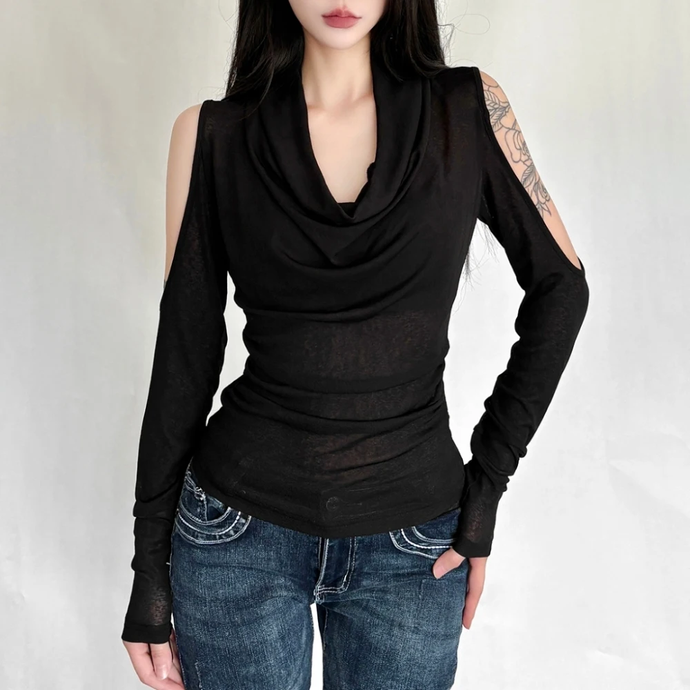 تي شيرت كاجوال على الموضة للسيدات بياقة متأرجحة وتصميم مجوف وأكمام طويلة للشارع متعدد الاستخدامات وبسيط وأساسية كلاسيكية