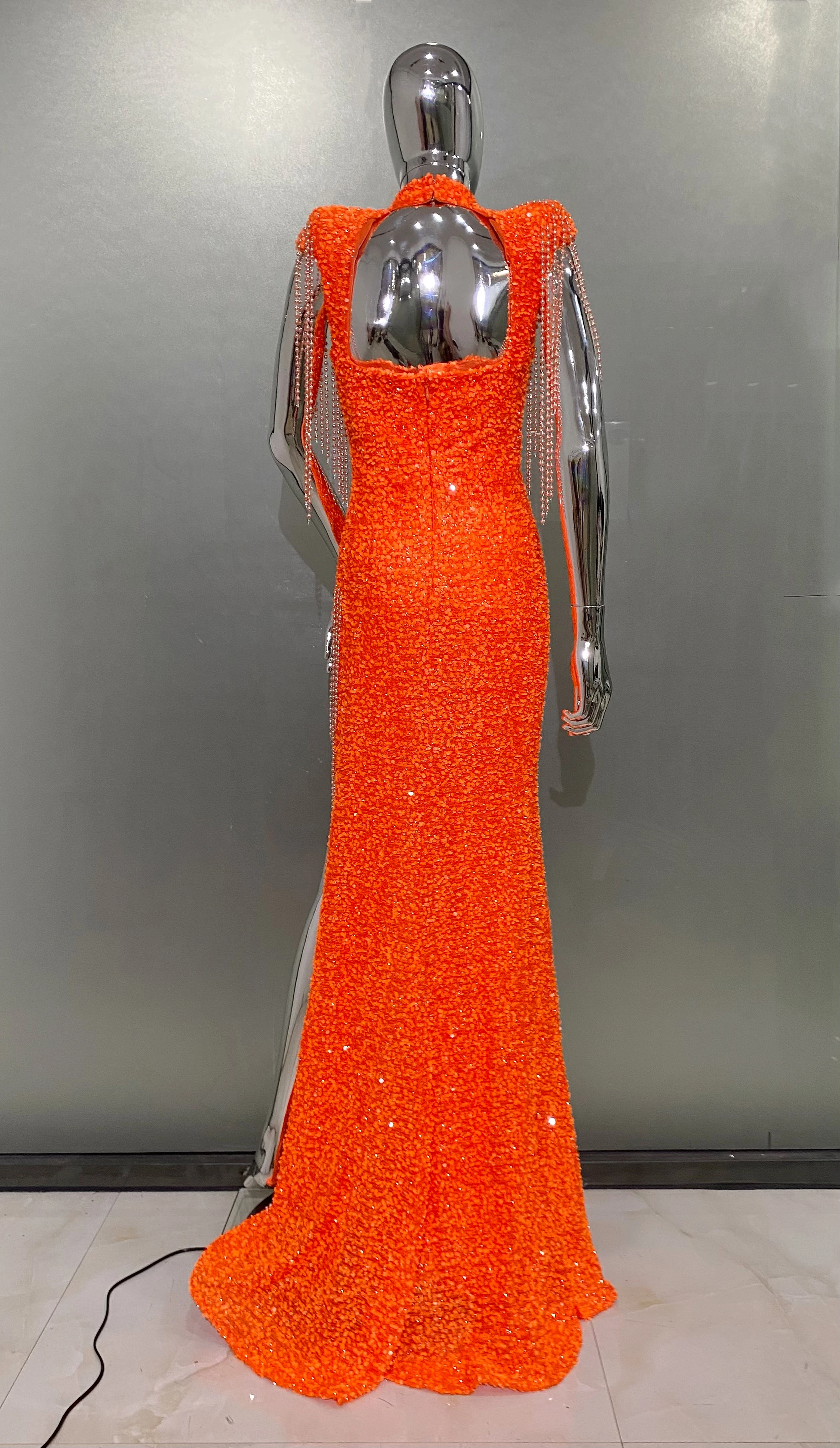 Women Luxury Sexy Short Sleeve Mesh Sequins Orange Maxi Long Dress 2024 Elegant Party Evening Stage Performance Dress Vestido