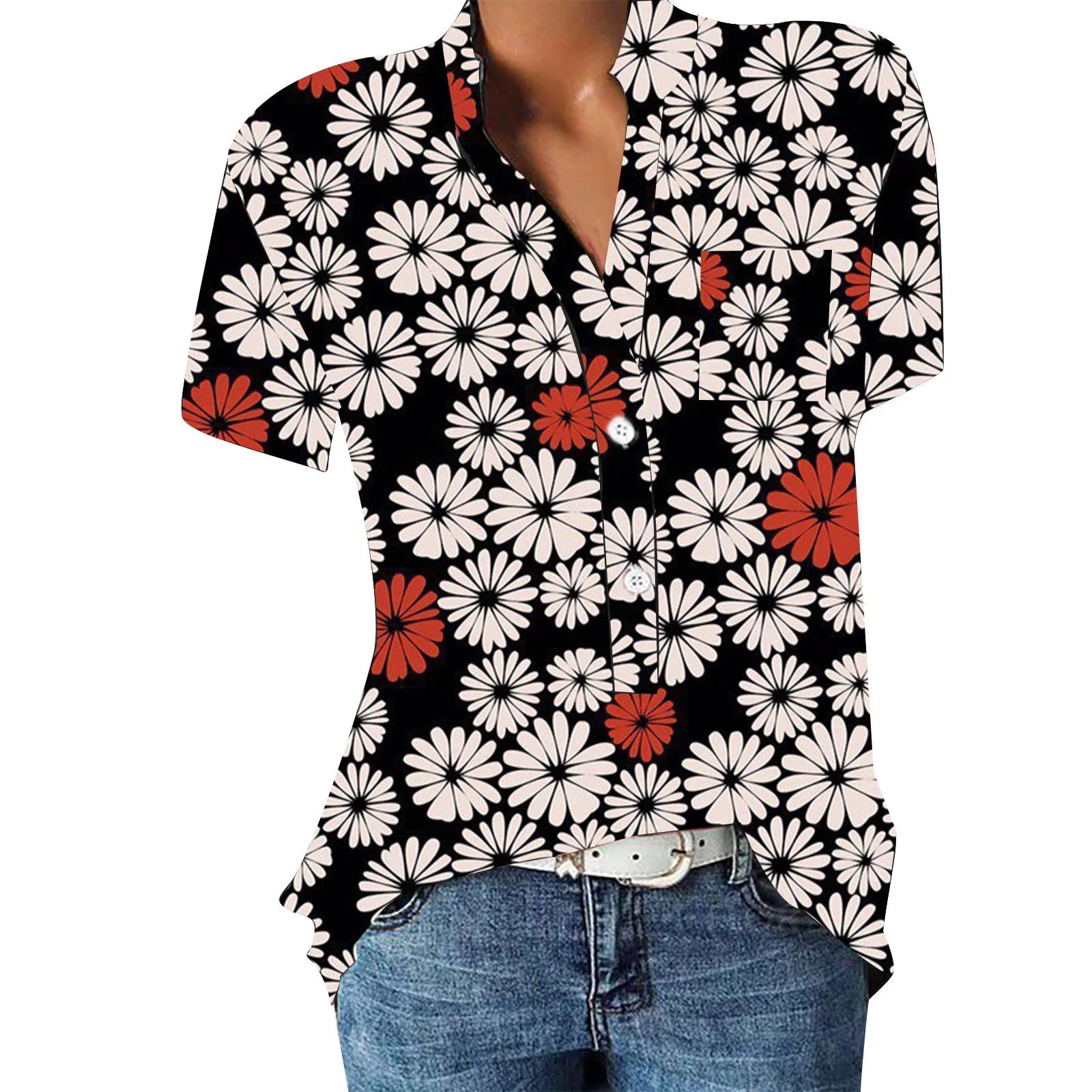 2024 Europe and the United States summer new women\'s V-neck flower print short-sleeved shirt T-shirt top women