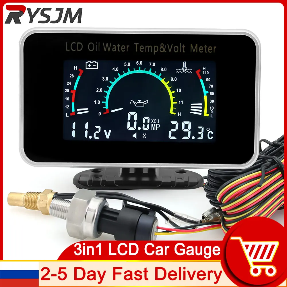 HD 3 in 1 Universal Car Water Temp Gauge Temperature Voltage Voltmeter Oil Pressure Gauge Digital Display Sensor 10mm 12V 24V