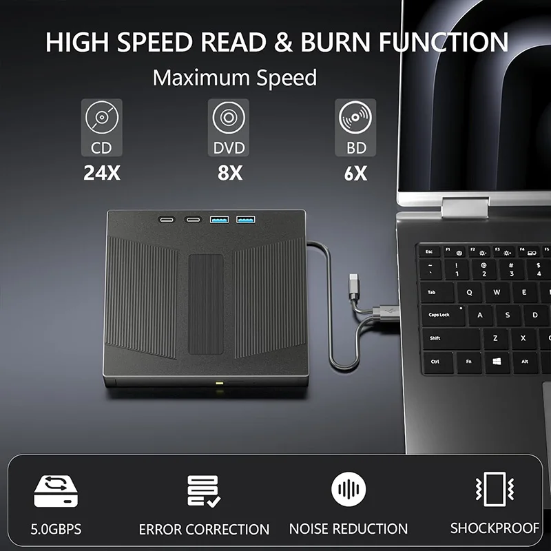 External Blu Ray Drive USB 3.0 BD/DVD/CD-ROM Player Burner for Laptop PC Support 100G Disc Optical Drives with SD/TF Card Slots