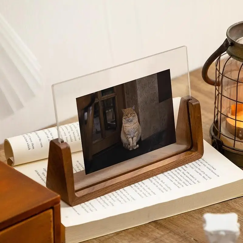 Walnut/Beech Creative Photo Frame Base Acrylic U Shape Transparent Frame Desktop Wood Wedding Pictures Frame Office Decors