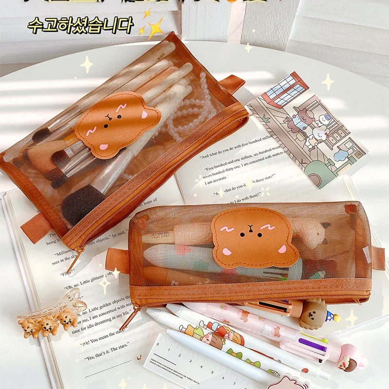 Transparent Mesh Pencil Case Cute Bear Brown Pouches Stationery Student Pencil Bag Large Capacity Storage Kawaii Bag