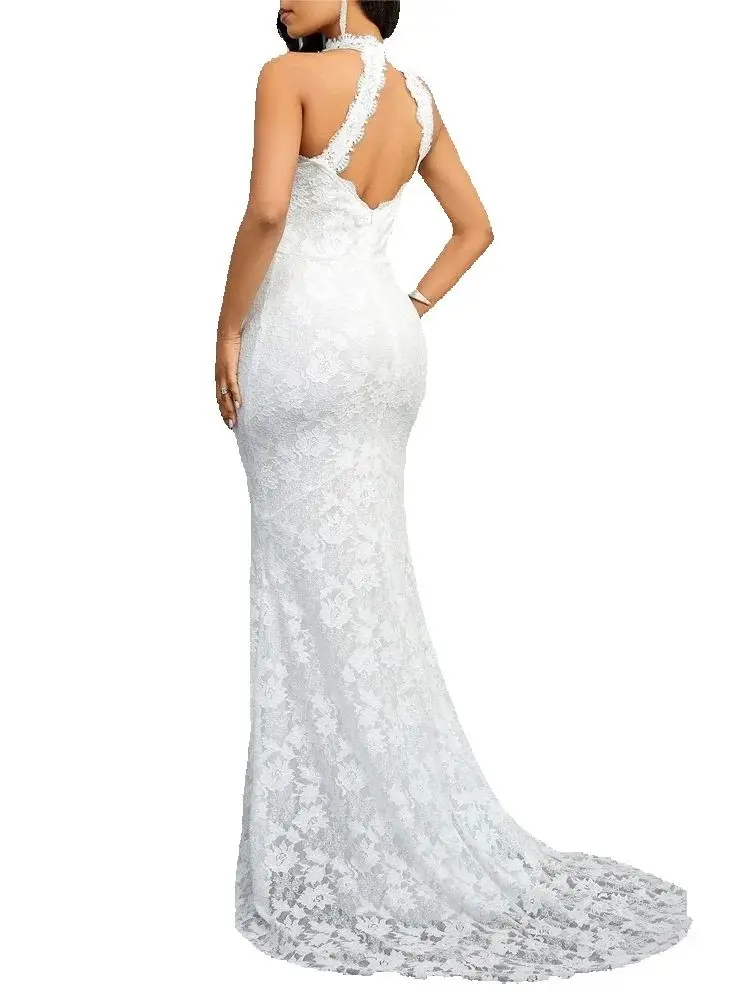 Abito lungo da donna in pizzo bianco elegante o-collo senza maniche abito da sera per feste senza schienale autunno più nuovo abito da damigella d'onore con fianchi a vita alta