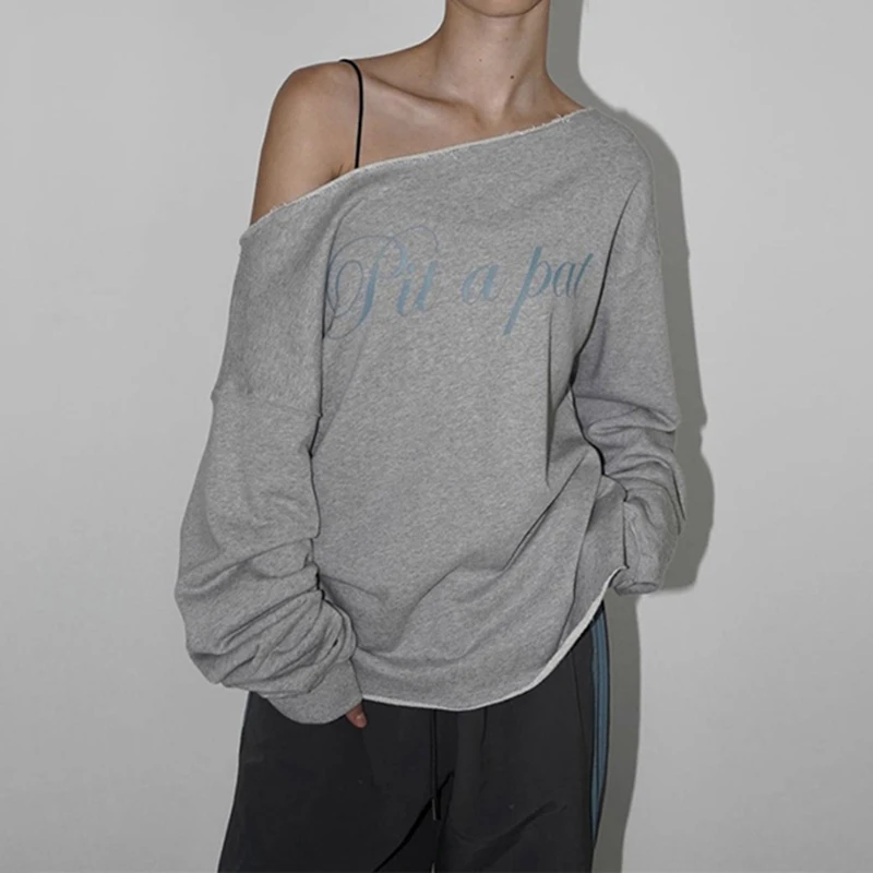 IAMHOTTY Casual Letter Print Pullovers Autumn Preppy Style Raw Edge Slash Neck Oversized Sweatshirt Korean Fashion Tops Street