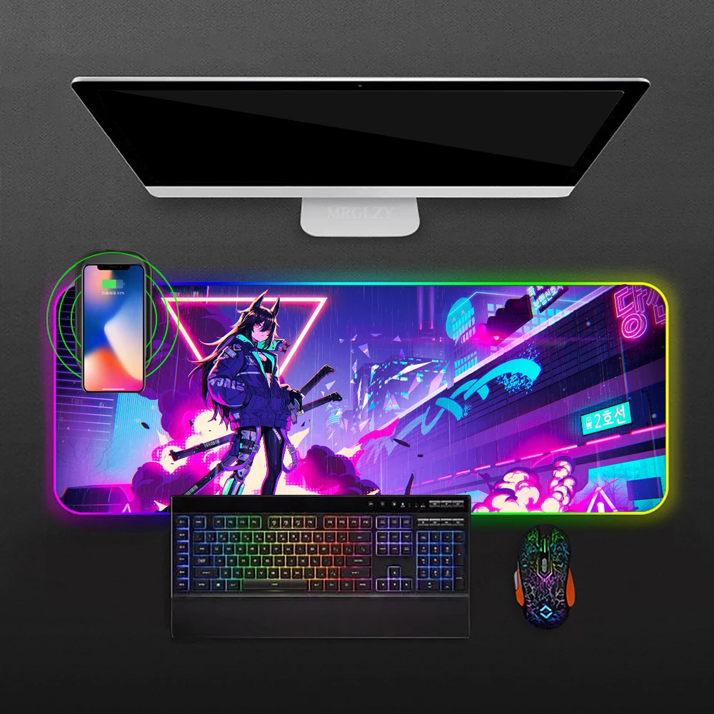 RGB Wireless Charging Mousepad Girl Neo Seoul Swords Neon Mouse Mats Laptops Gaming Table Pad Office Setup Mouse Pads 900x400MM