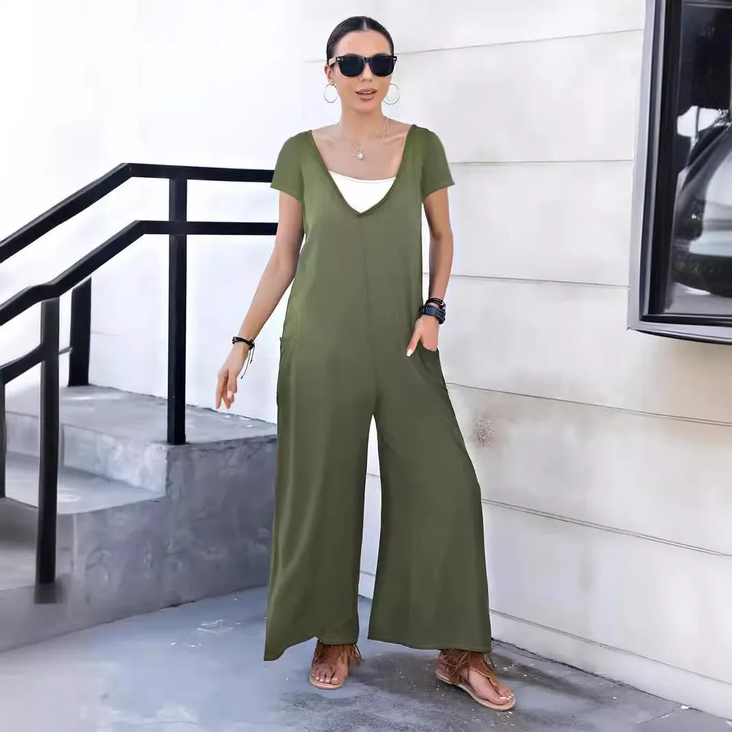 Musim panas baru wanita modis warna Solid Patch tas modis Jumpsuit V-neck celana lebar kaki celana panjang