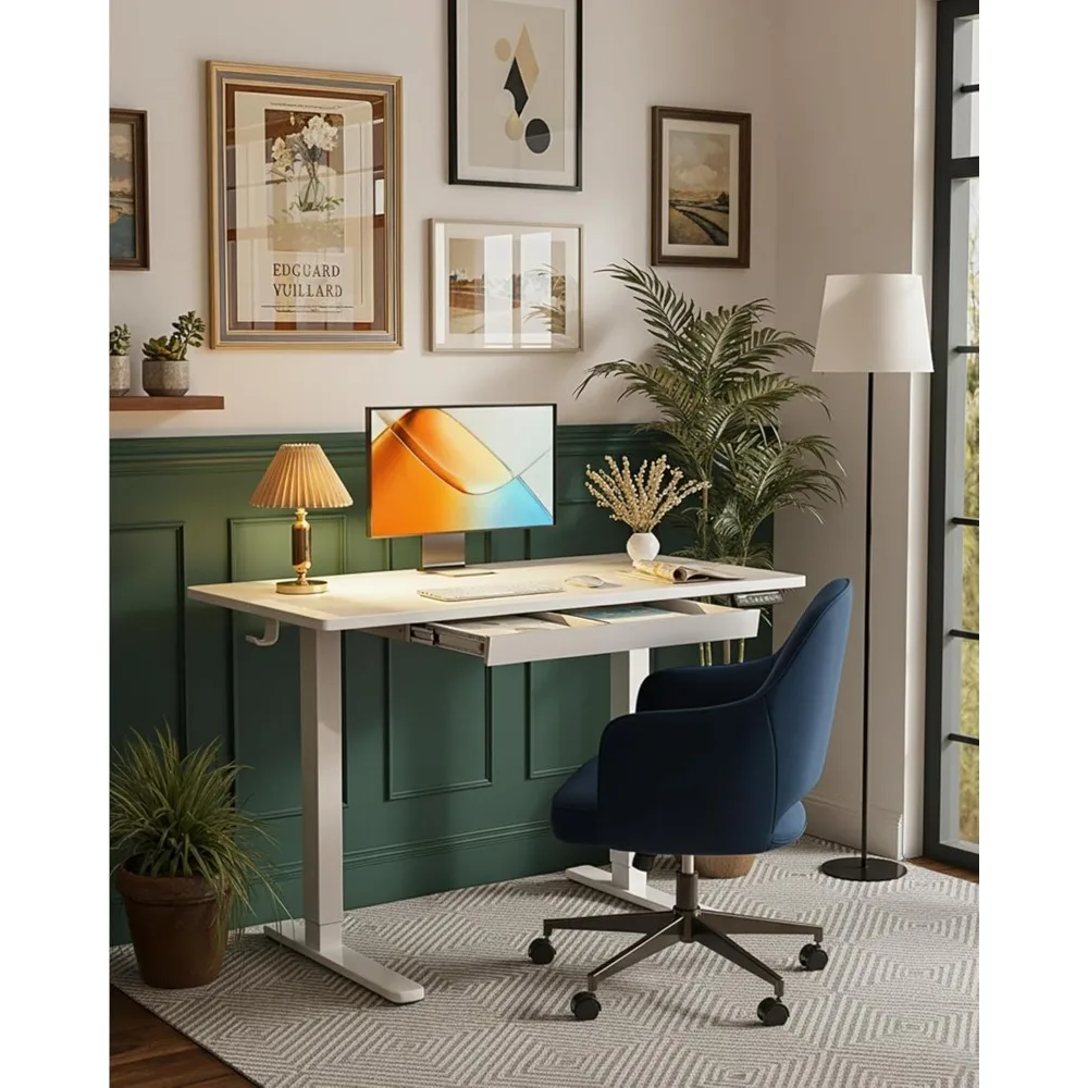 مكتب قائم كهربائي مقاس 44 بوصة مع أدراج، ارتفاع قابل للتعديل، 4 إعدادات لارتفاع الذاكرة، مكتب الجلوس الوقوف