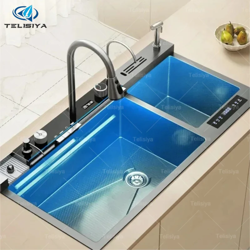 

100x50CM Stainless Steel Kitchen Sink Large Double Slot Multifunctional Water Catalyst Purify Ingredients Wash Vegetable Basin