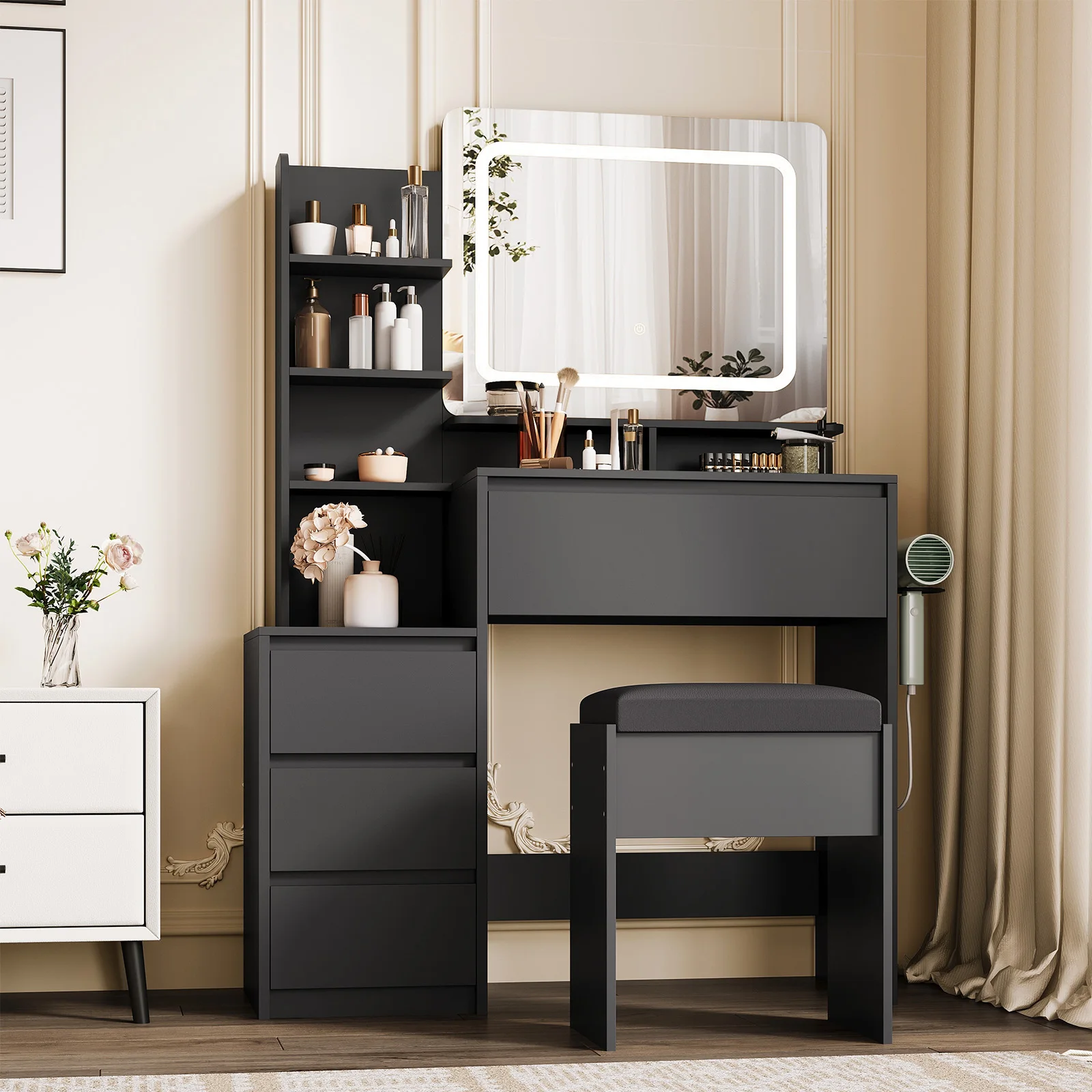 Modern Vanity Desk with Lighted Mirror, 3-Color Dimmable LED Lights, 4 Drawers, Storage Shelves, Charging Station, Cushioned Stool, Bedroom Makeup Table Set