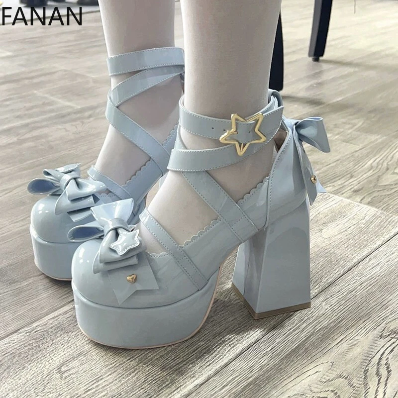 2025 جديد لوليتا عالية الكعب الدانتيل اللؤلؤ الكراهية السماء منصة الكعوب مضخات الأصلي الحلو مقاوم للماء أحذية نسائية فستان الحفلات الصنادل #2