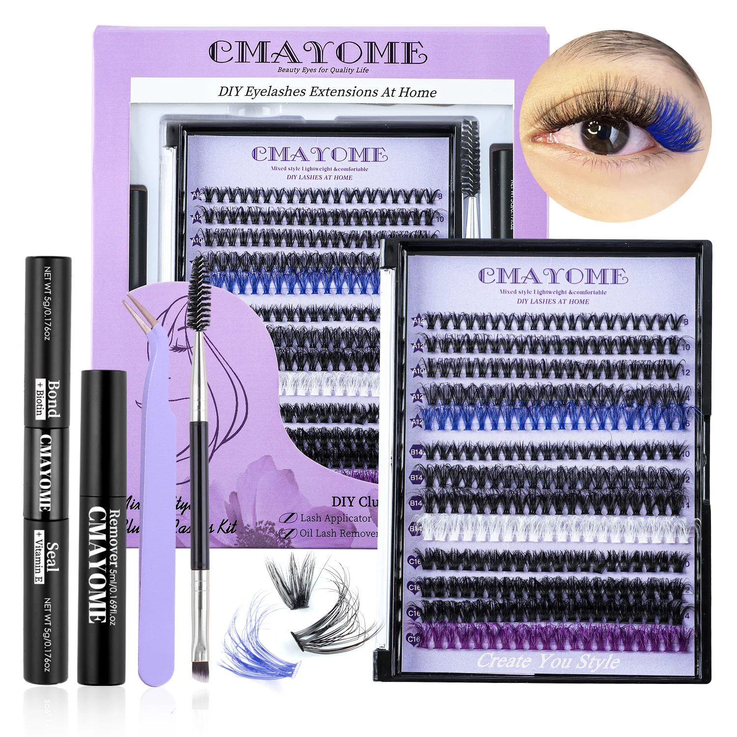 DIY False Eyelash Extension Set, Single Cluster of Thick False Eyelashes 8-16mm with Glue Tool Set Make Up Wholesale